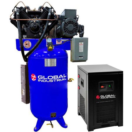 GLOBAL INDUSTRIAL Silent Two Stage Piston Air Compressor w/Dryer, 10 HP, 80 Gal, 1 Phase, 230V 133686